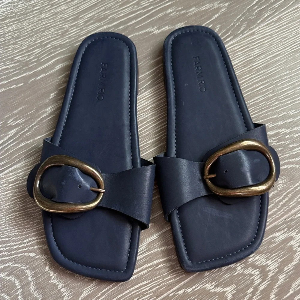 FARM Rio Navy Slide Sandals with Gold Buckle - Picture 8 of 10